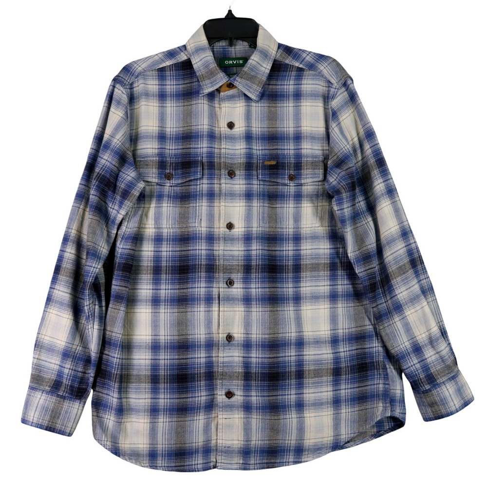 Orvis Fairbanks Flannel Shirt Mens M Blue Cream Plaid‎ Classic Fit